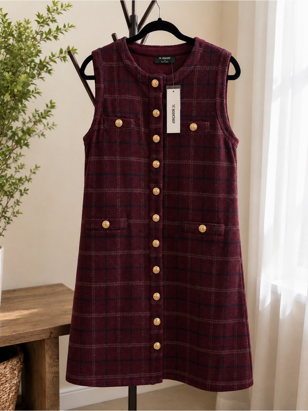 Workshop Republic Clothing Burgundy Plaid Sleeveless Button Dress - Picture 3 of 3